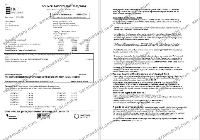 United Kingdom Hull City Council business utility bill template in Word and PDF formats, 2 pages